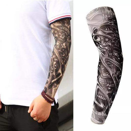 Fake Temporary Tattoo Sleeves Tattoos Full Long Slip on Arm Tattoo Sleeve Kit Men Elastic Nylon Glove Tattoos Black Skull Design - DropMenorca
